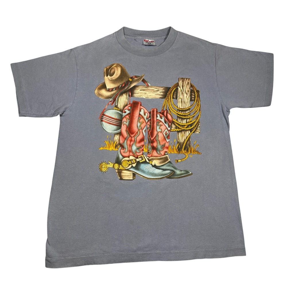 VTG Tee Jays SofTee Alabama Western Cowboy Boots Graphic T-Shirt Blue Large USA